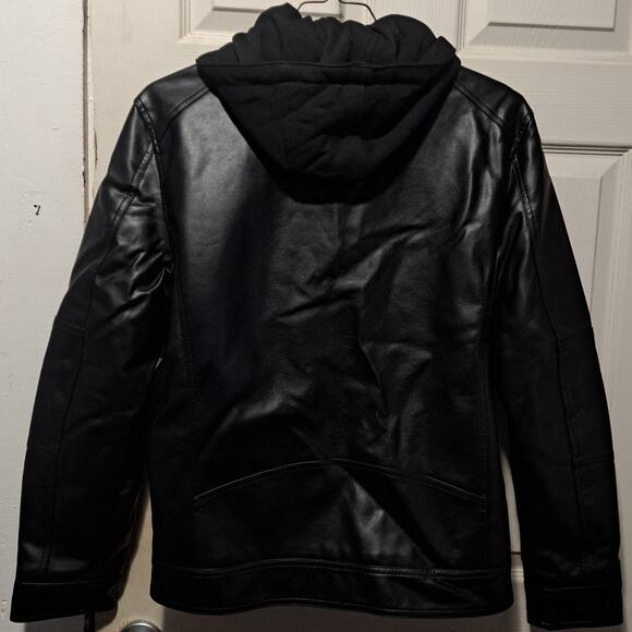 Men's Faux Leather Motorcycle Jacket With Detachable Hood Black Size Large - Picture 7 of 14